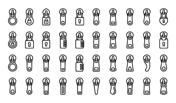 Minimal zipper puller lock icon set with 32 security zipper slider symbols for UI design and web interface
