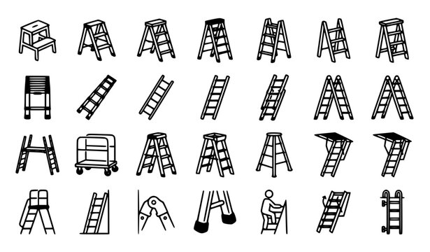 Step ladder 22 Black icons set simple vector. Home metal. Stairway wooden