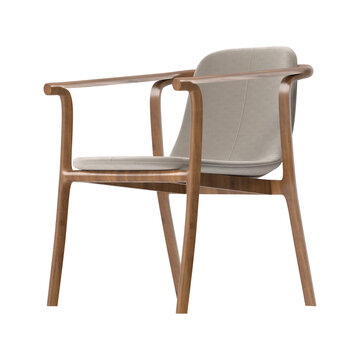 Modern Minimal Dining Armchair with Curved Walnut Wood Frame and Beige Upholstery Three Quarter View on White Background