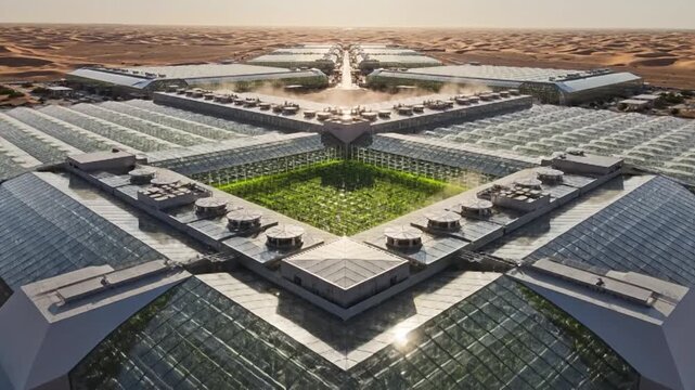 Expansive network of modern smart greenhouses integrated into a vast desert landscape, showcasing agricultural innovation and sustainable future.