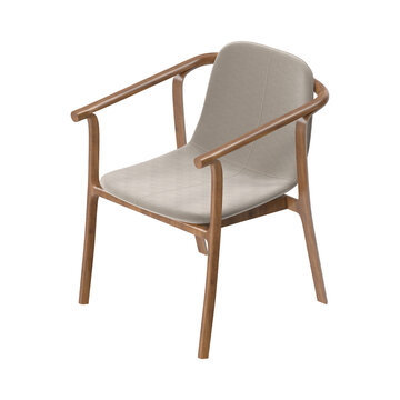 Modern Minimal Dining Armchair with Curved Walnut Wood Frame and Beige Upholstery Isometric View on White Background