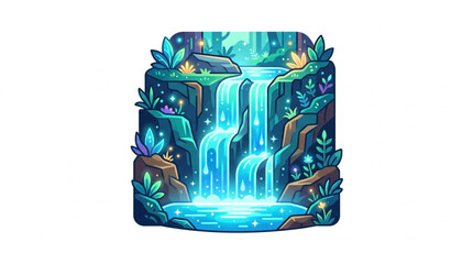 Magical Enchanted Forest Waterfall with Glowing Flora. © Damar