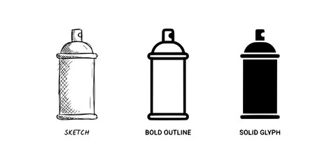 Obraz premium Spray Can Icons in Three Styles Including Sketch, Bold Outline and Solid Glyph 