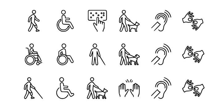 Accessibility icon set featuring a person walking with a prosthetic leg

