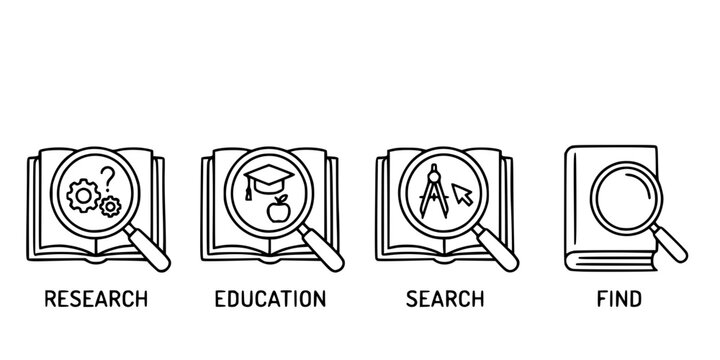 Magnifying Glass over Book Icon Set - Research, Education and Search Symbol
