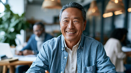 Fototapeta premium A mature Asian man over fifty collaborates softly with colleagues in a bright shared office wearing smart casual style in natural daylight shared office open face office