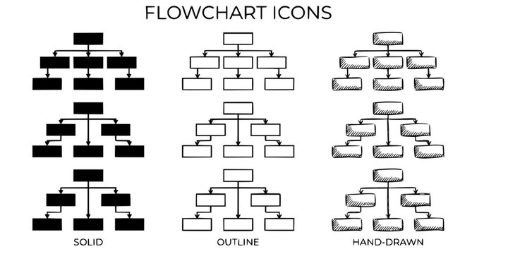 Flowchart icon set with hierarchy structure in solid, outline, and hand-drawn styles.
