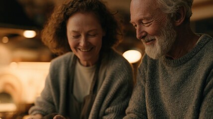 Fototapeta premium Elderly couple sitting at a table in a dimly lit room. the man is on the right side of the image and the woman on the left is sitting next to him.