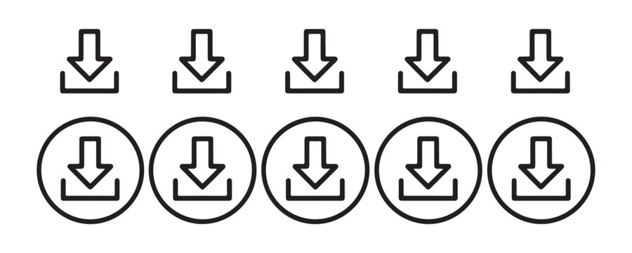 Set of black outline download arrow icons for digital interface design on transparent background for web apps.