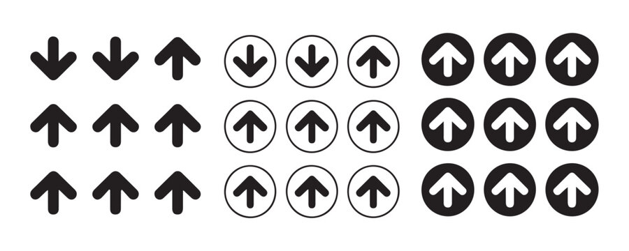 Comprehensive collection of up and down arrow icons in different circular and solid forms for web app design.
