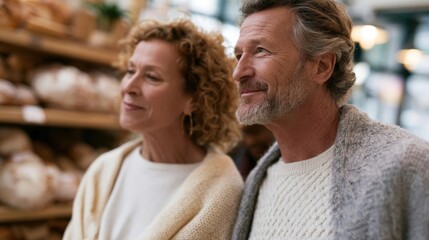 Obraz premium Middle-aged couple standing in a grocery store, looking at each other with a smile on their faces. the man has grey hair and a beard, while the woman has curly blonde hair.