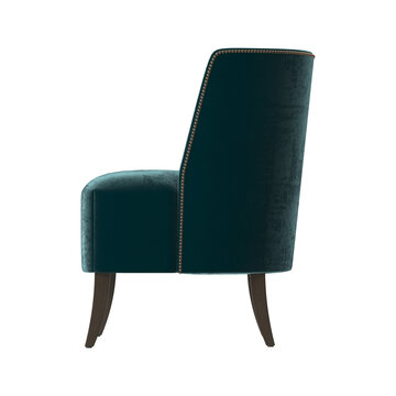 Modern Tufted Barrel Armchair with Nailhead Trim in Teal Velvet, Side View on White Background