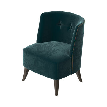 Modern Tufted Barrel Armchair with Nailhead Trim in Teal Velvet, Isometric View on White Background