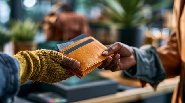 A close up of Middle Eastern hands holds softly a bright leather wallet while paying at a calm shop in natural daylight wallet detail open face partial shop location natural