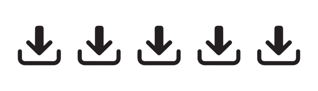 Clean download symbol set with bold arrow and open box design suitable for software interface and web usage.