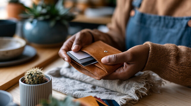 A close up of Middle Eastern hands holds softly a bright leather wallet while paying at a calm shop in natural daylight wallet detail open face partial shop location natural