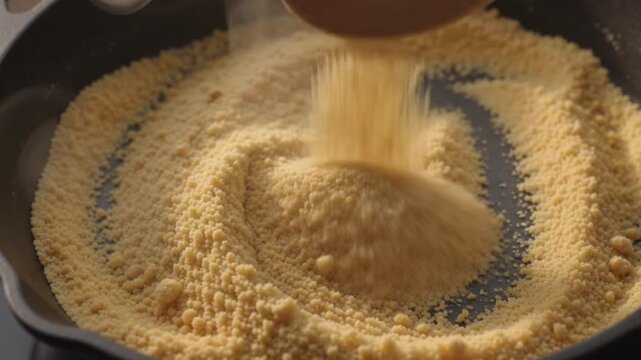 Slow motion cinematic close-up of golden buttery manioc flour being tossed in a rustic iron pan, vibrant textures, authentic Brazilian cooking, professional kitchen lighting.