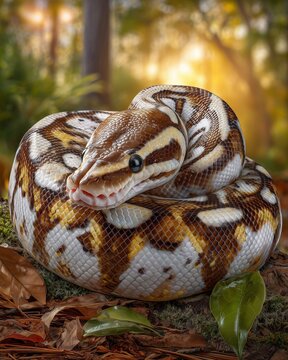 Piebald Ball Python with Piebald Ball Python Snake Crawling Across Forest Floor in Natural Habitat, Piebald Ball Python Exotic Reptile Wildlife, Piebald Ball Python with White Patches Brown Patterned 
