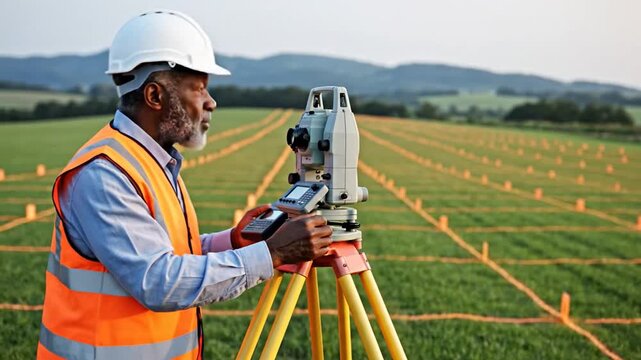 Experienced surveyor in high-visibility vest and hard hat carefully calibrates surveying equipment in a vast green field with marked boundaries.
