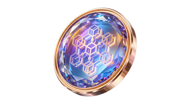 Futuristic cryptocurrency coin with blockchain hexagon pattern, glowing digital currency token in rose gold frame, 3D crypto asset isolated on white