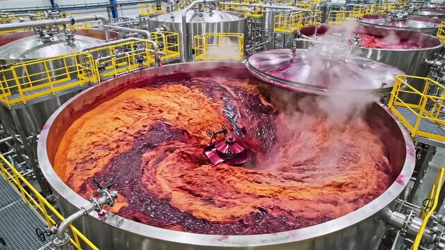 Large tanks blending industrial chemicals overhead in processing plant for batch manufacturing, liquid formulation, and controlled production workflow across chemical and industrial operations