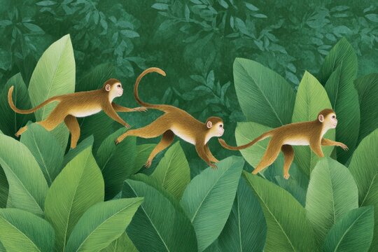 three monkeys running on the leaves of a tropical rainforest, with a green background