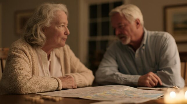 Elderly couple sitting at a wooden table, looking at a map spread out in front of them. the woman is on the left side of the image, wearing a beige cardigan and has shoulder-length white hair.