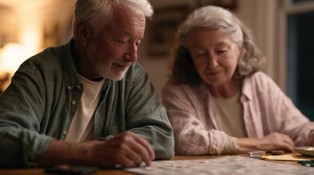 Elderly couple sitting at a wooden table and playing a board game together. the man is on the left side of the image, wearing a green cardigan and has a white beard and mustache.