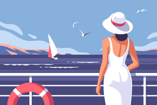 A woman in a hat enjoys the view from the deck of a cruise ship. Perfect backgrounds on the theme of season vacation, weekend, travel. Vector illustrations in minimalistic style.