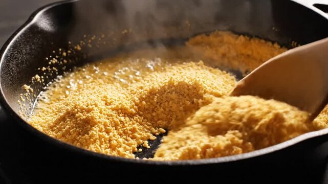 Slow motion cinematic close-up of golden buttery manioc flour being tossed in a rustic iron pan, vibrant textures, authentic Brazilian cooking, professional kitchen lighting.