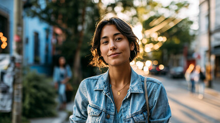 Fototapeta premium A wide view of a Latin American woman stands softly at a bright neighborhood corner showing personal street style in natural daylight corner style open face urban location