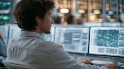 Obraz premium Man sitting at a desk in front of multiple computer monitors. he is wearing a white shirt and appears to be focused on the screens. the monitors are displaying various data and information.