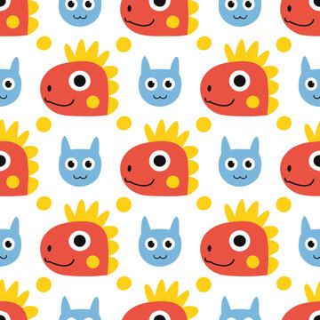 Seamless Kawaii Dinosaur Pattern Cute Red Blue Dino Vector Background
