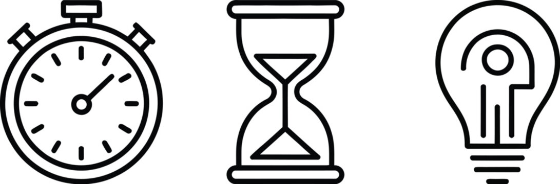Set of black line business productivity icons showing mechanical stopwatch timer sand hourglass and creative human profile lightbulb symbol.