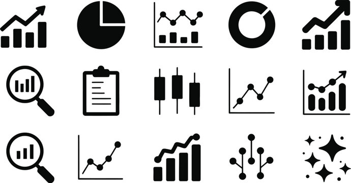Set of black financial data analysis icons including rising bar charts pie diagrams candlestick graphs and market research magnifying glass.