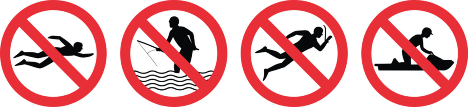 Set of red prohibition signs showing no swimming no fishing no diving and no jet ski water sport activities.