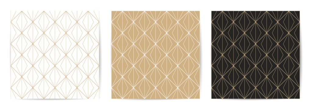 Collection of seamless ornamental luxury geometric patterns - outline golden rich design. Repeatable elegant royal backgrounds. Symmetry endless prints