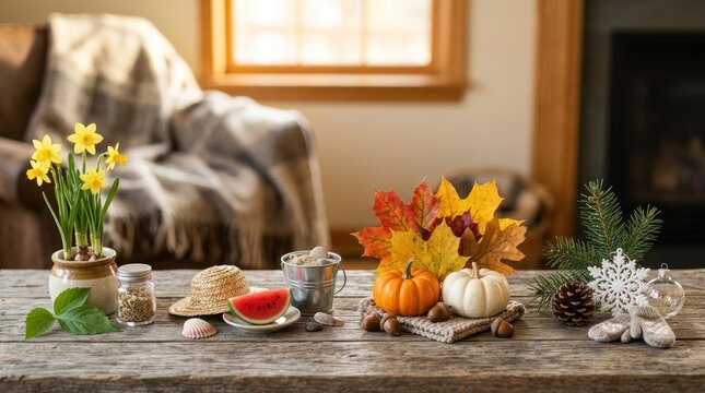 Seasonal transition concept with spring summer autumn winter objects