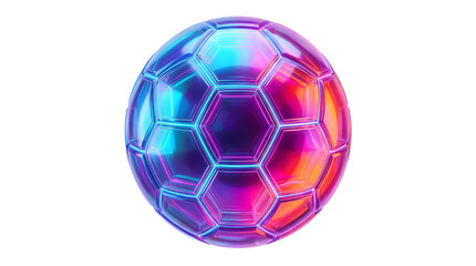 Naklejka premium Futuristic iridescent soccer ball with neon glow, metallic holographic football on white background, vibrant 3d sports equipment for gaming and tech