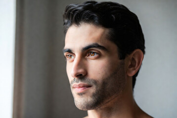 Obraz premium A young man with dark hair and beard is looking off to the side in a softly lit indoor setting.