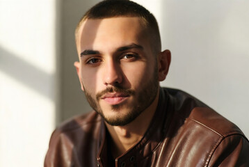Fototapeta premium A young man with a short haircut and beard wearing a leather jacket is posing indoors in bright light.