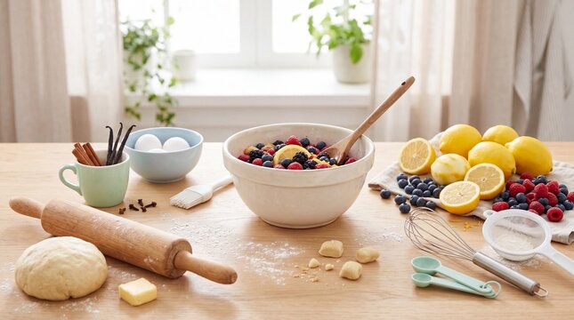 Fresh baking setup with dough, flour, rolling pins, eggs, lemons, berries, vanilla and cinnamon on wooden table in bright home kitchen.