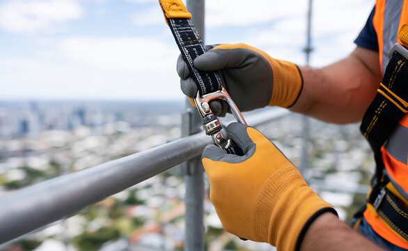 Close-up of a worker hands in leather gloves securing scaffolding pipes