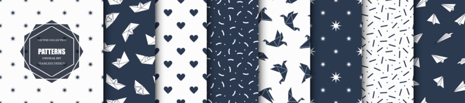 Collection of creative seamless minimalistic decorative geometric patterns - elegant blue and white design. Repeatable unusual textile backgrounds. Fashion paper prints