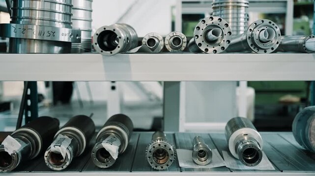 Precision-engineered metal spindles, shafts, and flanged components organized on industrial shelving in a machining workshop, showcasing manufacturing hardware.