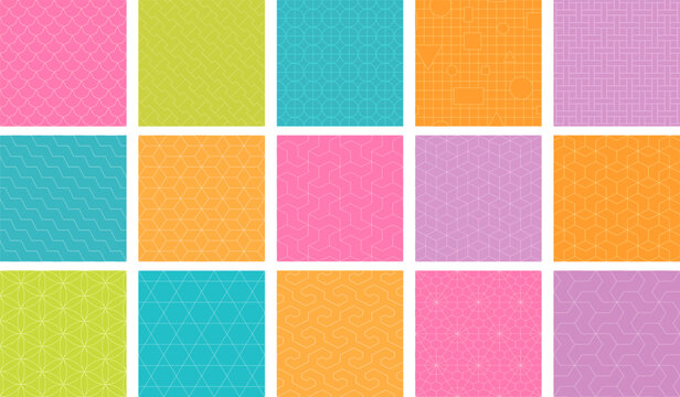 Collection of bright colorful geometric seamless patterns - symmetry grid textures. Vector repeatable ornamental vibrant backgrounds