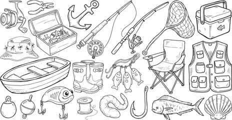 Fishing equipment set collection hand drawn sketch vector illustration black and white isolated on white background © Endless Summer