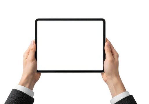 Hands holding a blank tablet device isolated on transparent background
