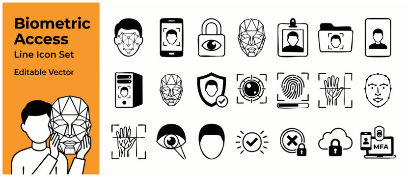Biometric security facial recognition icons set with fingerprint scanning tech, iris scanner, hand vein reader, and digital identity access control symbols on clean background for database protection.