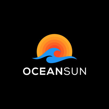 Ocean sea waves coast for beach and summer sun rays logo design